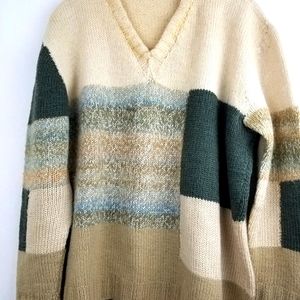 Vintage Tan Green Patchwork Wool Slouchy Oversized Hand Knit Sweater Large